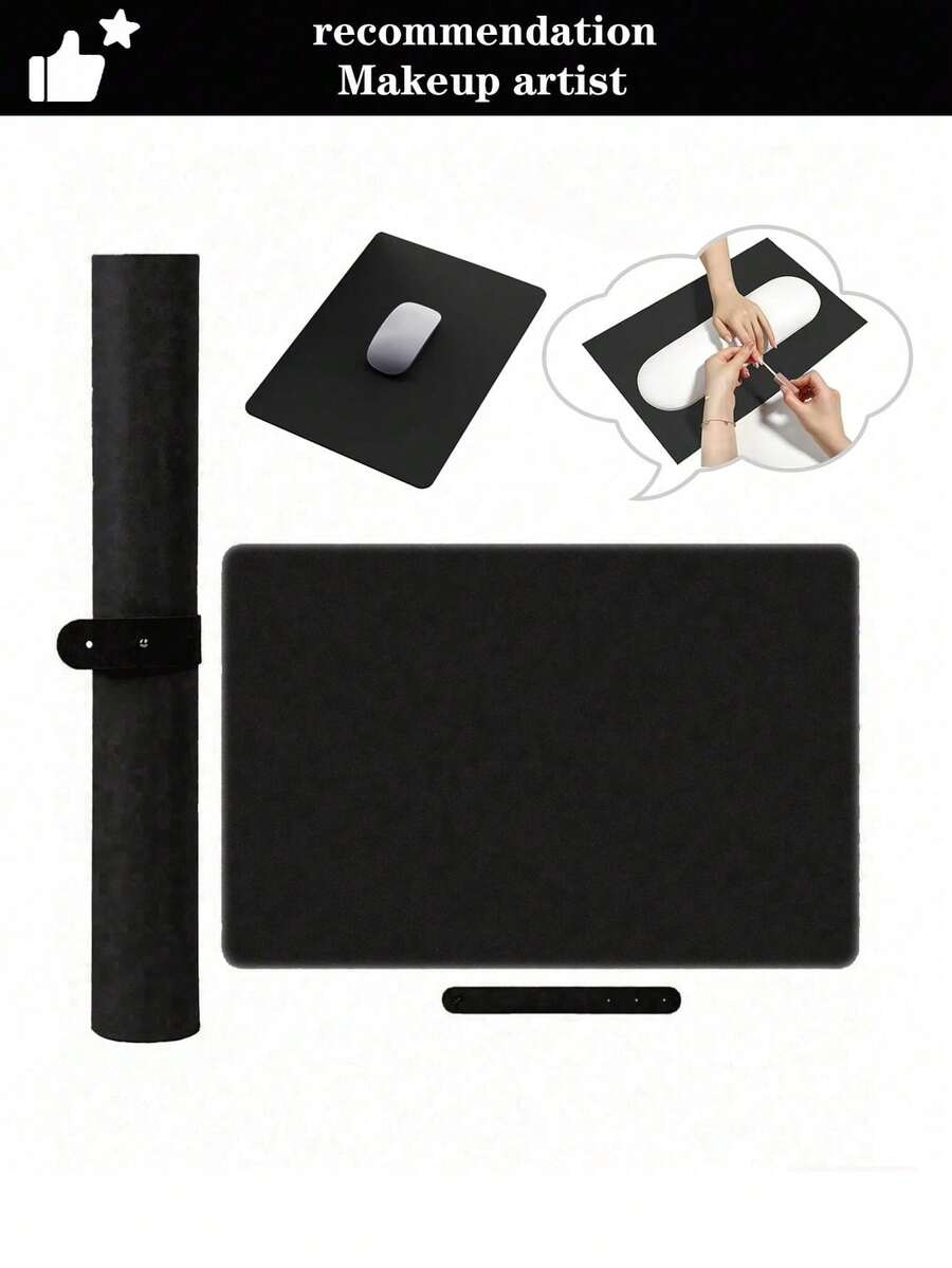 1 件大尺寸美甲桌垫和小鼠标垫，PU 皮革和可洗折叠指甲油手托腕垫，适用于美甲师、指甲护理、美甲沙龙工具、可折叠指甲手托垫、柔软超细纤维皮革指甲垫、指甲垫、修甲桌垫、美甲沙龙家用桌垫，适合女士和女孩化妆工具、婚礼、派对、生日、女士礼物、最好的朋友、老师、新年、礼物、圣诞节、万圣节 - 黑色 - 查看 1