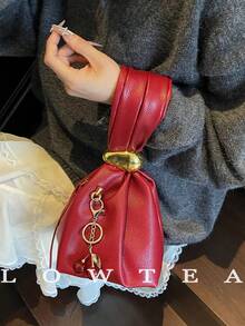 low tea 1 buah Tas Tangan Kulit PU Warna Polos untuk Wanita, Tas Lipit Mini Awan yang Dipersonalisasi dengan Dekorasi Logam Motif Kadal dan Penutup Resleting, Cocok untuk Penggunaan Sehari-hari dan Jalan-jalan (Dijual dengan Liontin) - Merah - View 5