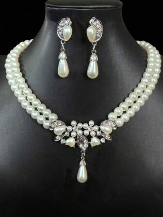 ชุดสร้อยคอไข่มุกแก้วแถวคู่หรูหราสำหรับผู้หญิงและต่างหูแบบหนีบ, ชุดเครื่องประดับงานแต่งงานเจ้าสาว, ไม่ต้องเจาะ