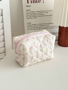 Bow Pattern Pink And Cute Quilted Makeup Bag,Hair Tool Pouch Organizer Bag,Large Capacity Travel Floral Cosmetic Bag Cute Pouch, Makeup Brushes Storage Bag For Women Autumn University Essentials Travel Essentials Holiday Vacation Travel Bag For Women Makeup Organizer Make Up Bag - Pink - View 12