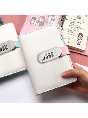 A6 Two-Tone Macaroon Style Faux Leather Notebook With Combination Lock - 6-Ring Binder, Cash Budget Planner, Multi-Color Stickers And Pockets, Personal Finance Management English Notepad