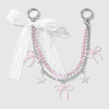 1pc Elegant & Charming Handmade Beaded Pink Crystal Chain Star Lace Bow DIY Keychain/Bag Charm, Suitable For Women/Girls Daily Wear, Holiday Gift - Multicolor - View 12