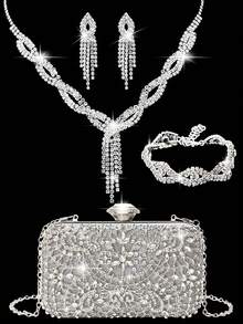 Túi cầm tay buổi tối đính đá Rhinestone cho nữ Kẹp tai đính đá Rhinestone cho cô dâu Vòng tay choker lấp lánh đính kim tuyến Ví cầm tay buổi tối cho nữ Túi xách cưới Túi cầm tay đính đá Rhinestone - Vàng - Xem 14