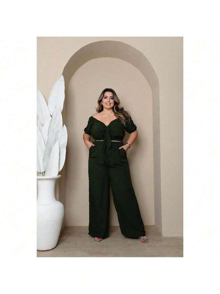 Plus Size Cropped And Pantaloon Set For Women - 軍綠色 - 查看 1