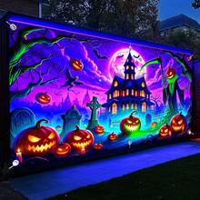1 UV leuchtende Halloween Banner - Geisterhaus, Kürbislaterne und Grabstein Design, große Größe Polyesterfaser Garagentor Dekoration, essentiell für Innen- und Außenpartys, ohne Strombedarf, hochwertige Bedruckung, nicht leicht zu zerknitteln, Horror-Atmosphäre Hängedekoration, exklusiv für Eventveranstalter, leuchtende Effekte