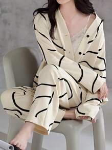 AICJ 两件套女士休闲睡衣，V领长袖上衣和长裤家居服套装，适合春、夏、秋季舒适穿着，秋冬皆宜。