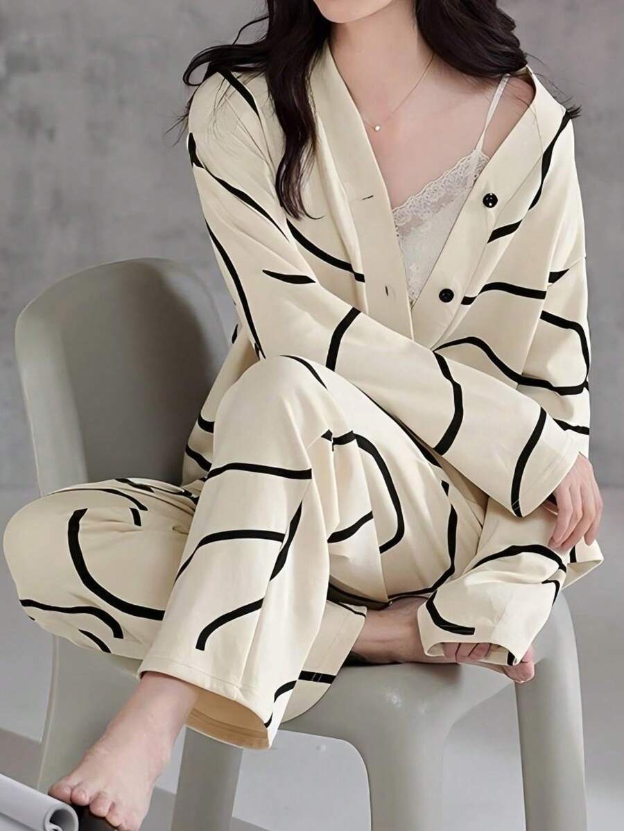 AICJ 两件套女士休闲睡衣，V领长袖上衣和长裤家居服套装，适合春、夏、秋季舒适穿着，秋冬皆宜。