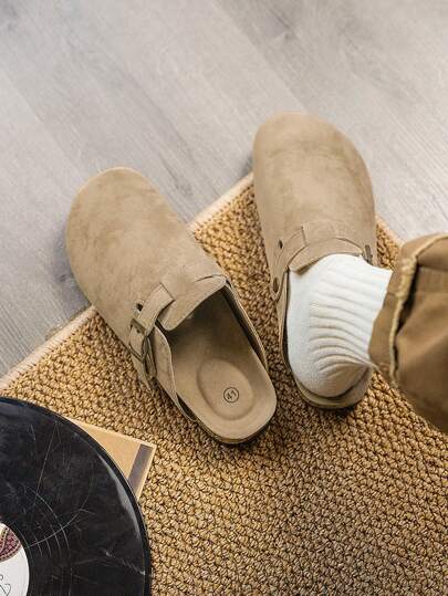 2025 Summer Unisex Boken Slip-On Slippers, Leather Upper With Buckle Design, Soft Cork Thick Sole, Wear-Resistant, Minimalist Solid Color, Suitable For Outdoor, Travel, Casual Street Style, Couple Matching, Lightweight Backless Mule Slippers, Fashionable And Comfortable, Recommended To Order One Size Up