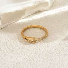 1 件不锈钢独特几何方晶锆石镶嵌戒指，空心水滴百搭爪镶时尚指节戒指，适合女士 - 金黃色 - 查看 2