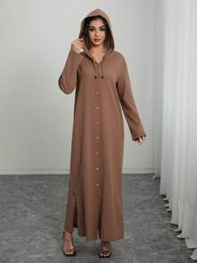 Vestido largo con capucha de manga larga y abotonadura sencilla para uso diario, de estilo casual para mujer