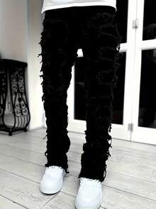 Men's Stretch Jeans - Slim-Fit Mid-Rise Pants With Frayed Hem, All-Season Stretch (64% Cotton Blend) Everyday & Formal Outfits - Washable Leg Jeans, Streetwear Essentials, Pants, Durable Fabric Pants, Outdoor Attire, Tapered Cuff, Highquality Stitching, Young Adults