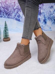 1 双女式厚底保暖毛绒内衬冬季雪地靴，舒适保暖一脚蹬室内/室外短靴/旅行靴/休闲靴