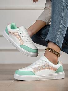 Damen Lässig Sportschuhe, Studentenschuhe für Skateboard, flache Laufschuhe, Modeschuhe, Schnürschuhe für Reisen, geeignet für alle Jahreszeiten, Niedrigschuhe, Farbblock Laufschuhe, Outdoor Lässig Schuhe