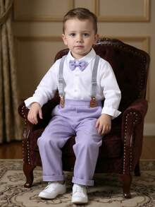 BOARNSEORL 男婴两件套绅士套装 - 白色长袖衬衫配蝴蝶结和卡其色背带裤，时尚休闲套装，适合生日派对、婚礼、周年纪念庆典等场合。 - 紫色 - 查看 8