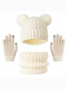 Bộ 3 món mũ ấm áp mùa thu/đông cho trẻ em, khăn quàng cổ và găng tay, mũ len thun hai tua rua dễ thương, bộ 3 món chống lạnh, màu cầu vồng - Nhiều màu - Xem 19