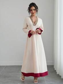 Váy dài tay cổ chữ V đính sequin thêu họa tiết khóa kéo màu tương phản thanh lịch dành cho nữ, mặc hàng ngày - Màu be - Xem 5