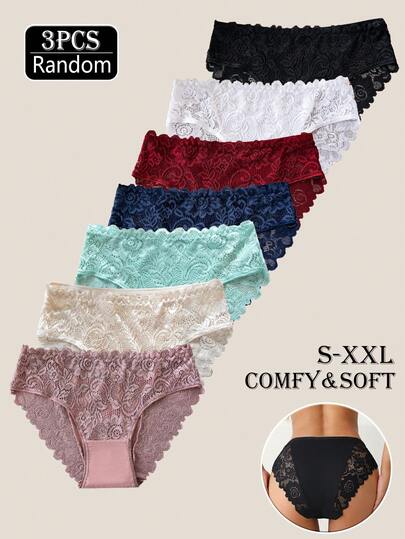 Random 3PCS Of 7Colors Lace Panties - Mid Rise Seamless Underwear Breathable & Comfortable -Floral Lace Panties