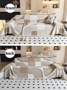 1pc Bohemian Geometric Striped Chenille Sofa Cover - Soft, Light Beige-Friendly, Pet-Resistant Couch Protector For All Seasons, Easy To Install & Clean, Fit For Single, Double, Triple & Sectional Sofas, Beige & White Design, Pet-Resistant Cover Geometric Pattern Cover Durable Polyester Cover, Couch Cover For Dogs