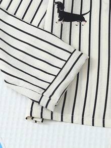 2 件女士秋冬腊肠犬印花睡衣套装，长袖纽扣领上衣和裤子，休闲睡衣家居服，秋季服装 - 黑與白 - 查看 5