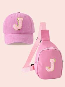 2pcs/Set Girls Pink Letter Graphic Baseball Cap And Bag, Boys Breathable Casual Outfit Suitable For Daily Wear And Outdoor Activities