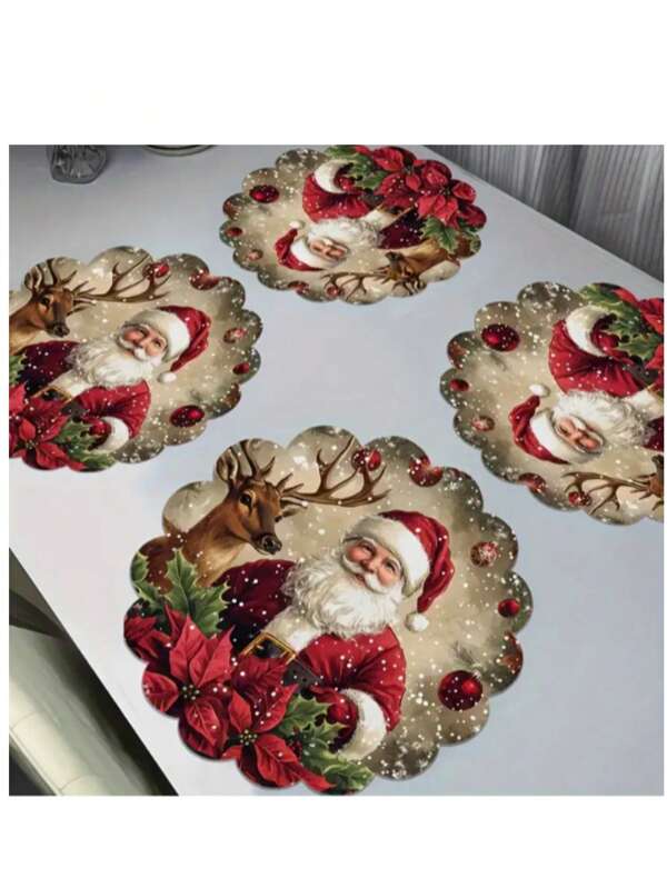Juego de 2/4 manteles individuales navideños - Diseño de Papá Noel y renos, manteles de mesa de madera, antideslizantes y duraderos, adecuados para reuniones festivas y decoración del hogar, una buena opción para Acción de Gracias y Navidad