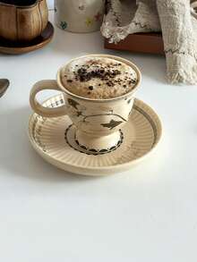 1 set 200 ml Tasse à café et soucoupe en céramique blanche vintage avec orchidée, verrerie en céramique rétro japonaise, assiette à dessert à rayures verticales, vaisselle de maison, tasse à thé et soucoupe en céramique vieillie cuite au four, mug à fleurs d'orchidée blanche, élégante tasse à café et soucoupe pour le thé de l'après-midi, assiette noix de coco