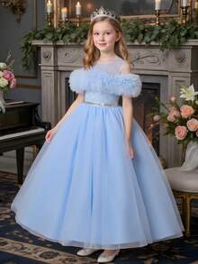 Blue Elegant Sequin Tween Girls' Evening Gown, Off Shoulder Shawl Long Princess Dress For Girls, Children Special Occasion Pale Blue Dress, Little Girl Flower Girl Wedding Birthday Party Formal Recital Piano Recital Sweet Formal Dress, Children Tulle Ruffle Sleeveless Dress