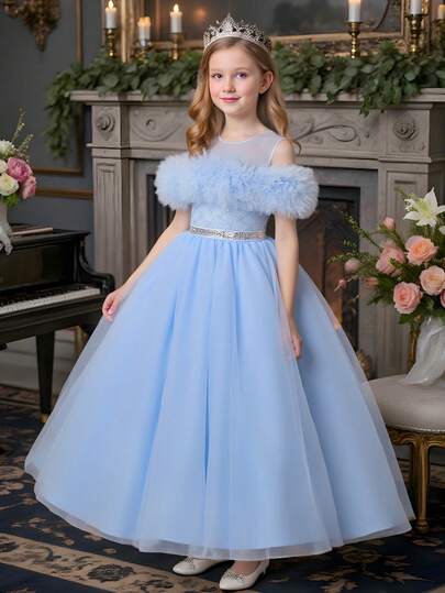 Blue Elegant Sequin Tween Girls' Evening Gown, Off Shoulder Shawl Long Princess Dress For Girls, Children Special Occasion Pale Blue Dress, Little Girl Flower Girl Wedding Birthday Party Formal Recital Piano Recital Sweet Formal Dress, Children Tulle Ruffle Sleeveless Dress
