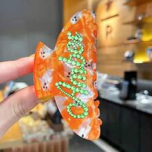 Personalized Halloween Theme Hair Clips, Women's Hair Clips With Custom Rhinestone Name, Suitable For Sparse And Thick Hair, Great Gift For Girls, Wives, Couples, Fashionable Hair Accessory For Halloween And Daily Wear, Excellent Halloween Gift - Orange - View 8