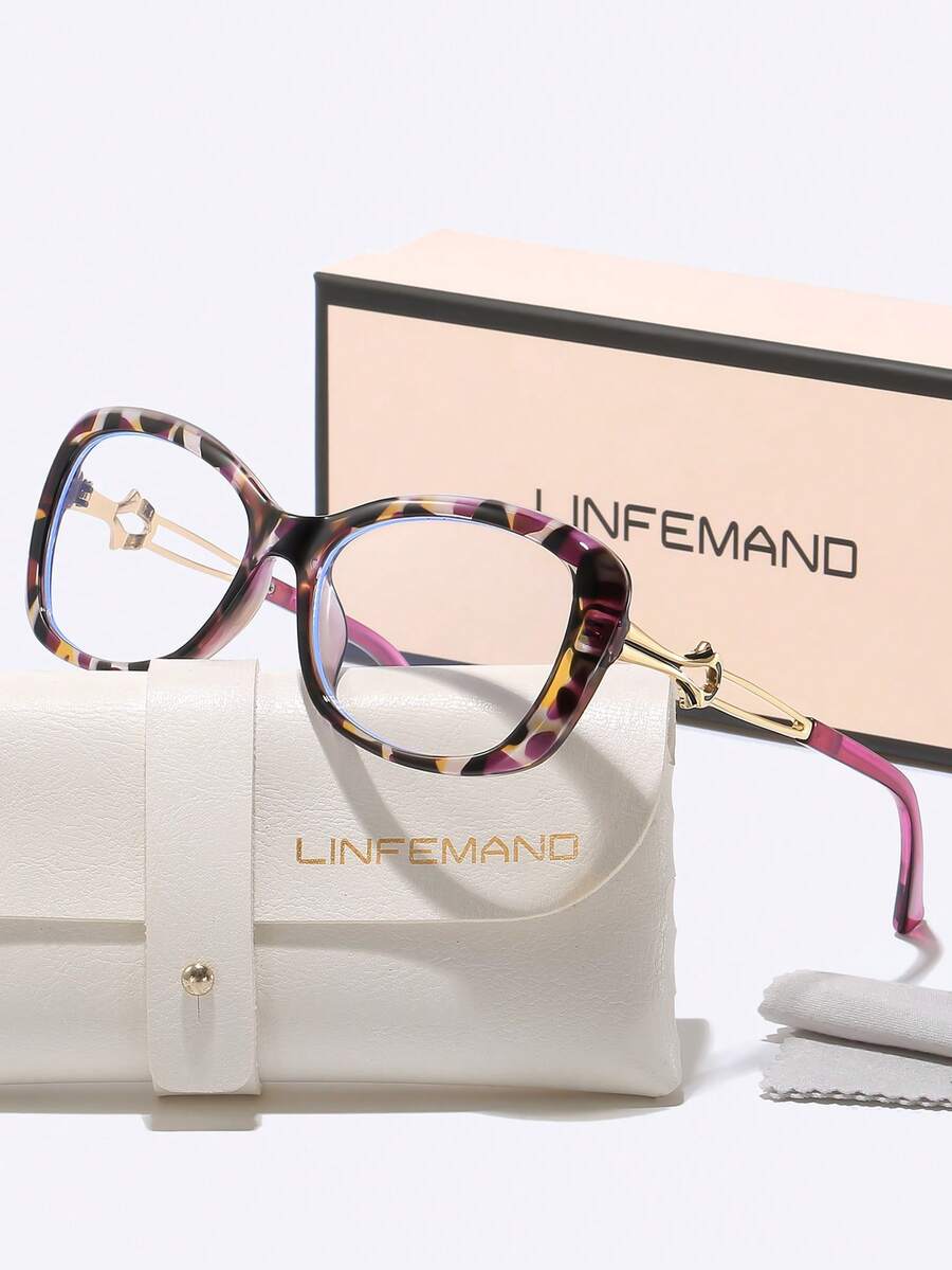 LINFEMAND LNFEMAND Fashion Oval Cat Eye Frame Contrast Color Glasses Design Metal Flower Arm Everyday Commute Elegant Date Office Non-Prescription Holiday Gift - Clear - View 1