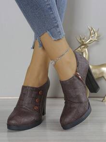 Fashionable High-End Elegant Vintage Minimalist Sophisticated Black Lace-Up Chunky Heel Women's High Heels, Western Style PU Leather Lace-Up Party Shoes