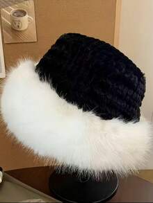 1 pieza Sombrero blanco esponjoso para mujer, sombrero de cubo grueso y cálido, gran circunferencia de cabeza, sombrero de invierno a prueba de viento para otoño