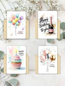 4pcs Watercolor Birthday Card Set With Envelope | Includes 4 Balloons And Cake Happy Birthday Cards Suitable For Any Occasion, Including Christmas, Thank You, Congratulations, And Sentimental Themes - Multicolor - View 5