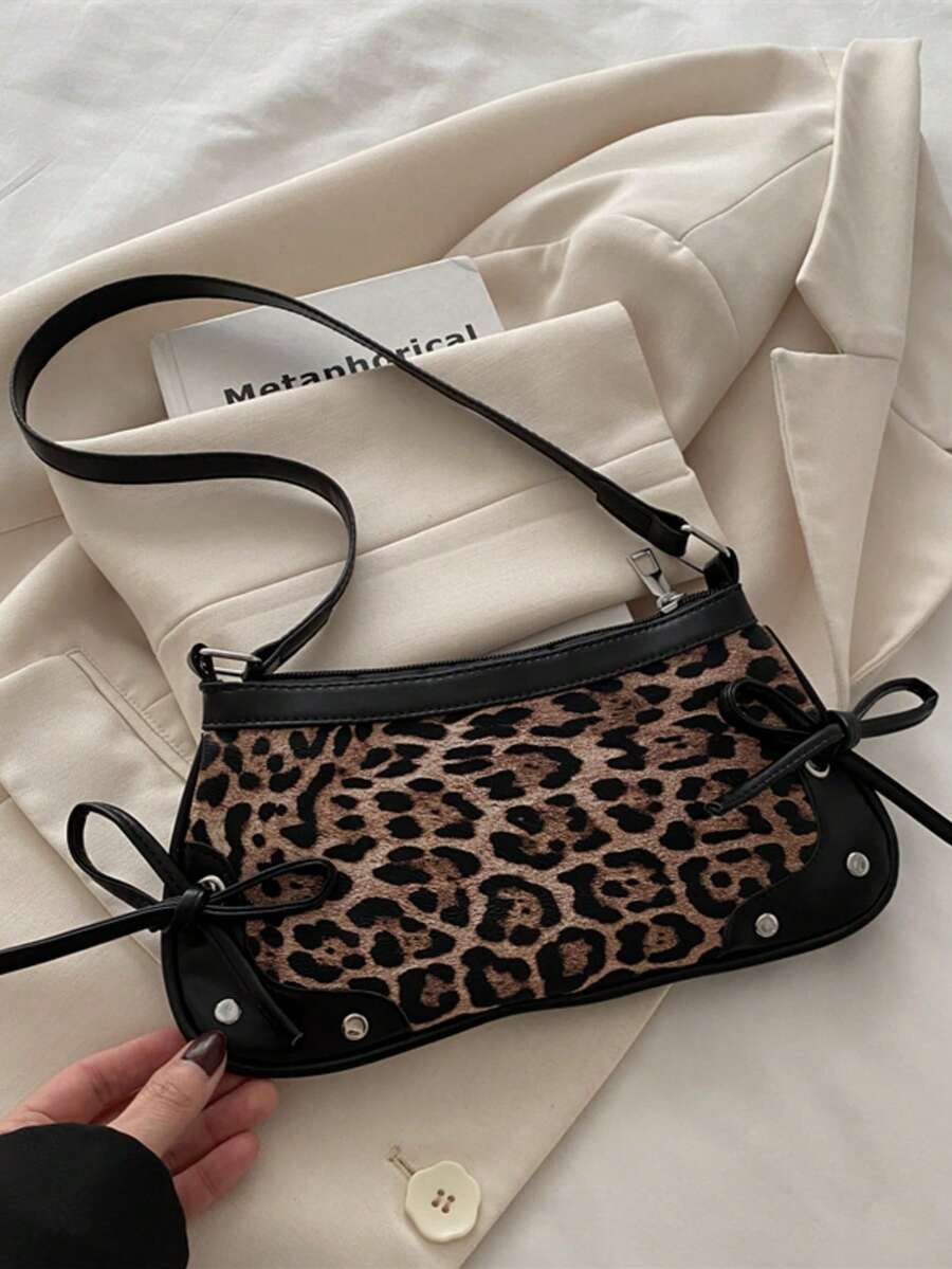 1个复古蝴蝶结装饰单肩腋下法棍包，适合约会、外出、派对，豹纹印花，新款秋冬虎纹印花女士手提包