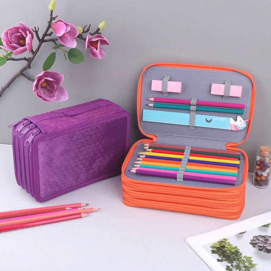 1 estuche de lápices de cuatro capas de tela Ox, elegante bolsa de almacenamiento de papelería para estudiantes, bolsa de almacenamiento de pinceles de colores, regalos para amigos - Morado - Ver 1