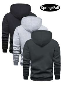 3pcs/Set Men's Spring/Autumn Thin Long Sleeve Pocket Hooded Sweatshirt, Solid Color Basic Fashion Casual Sports Outdoor Top, Suitable As Gift For Husband, Boyfriend, Streetwear, Commuting, Outdoor Activities, Holiday - Multicolor - View 3