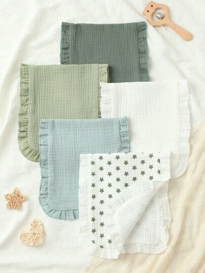 Benxoine 5-Pcs Of Soft And Comfortable Muslin Cotton Burp Cloths With A Beautiful Ruffle Design, NewBorn Essential