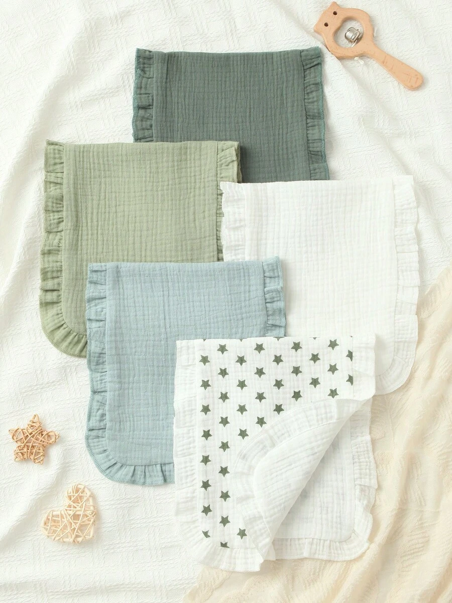 5 piezas de paños de muselina de algodón suaves y cómodos con un hermoso diseño de volantes, esencial para recién nacidos - Multicolor-01 - Ver 1