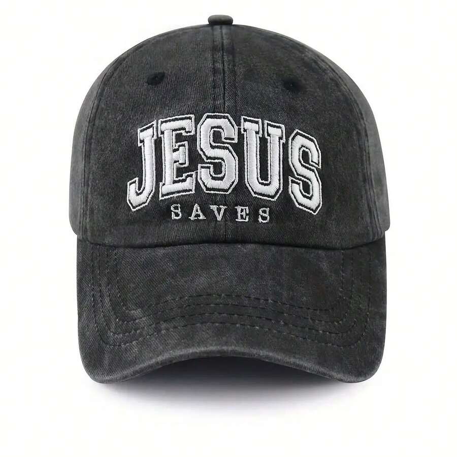 Jesus Saves Embroidered Baseball Cap For Men & Women - Faith Over Fear Christian Hat, Lightweight Washed Design, Christmas Birthday Retirement Gifts For Dad Mom (Black/White) - 黑色 - 查看 1