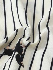 2 Stücke Damen bequemer gestreifter Dackel-Muster Pyjama-Set, Kragen-Knopf Kurzarm-Top und Schleife-Shorts, Sommer Nachtwäsche und Loungewear