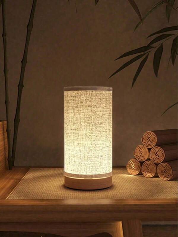 1 pieza Lámpara de mesa con marco de madera estilo escandinavo moderno con pantalla de lino, lámpara LED de luz cálida con alimentación USB, lámpara creativa para dormitorio, sala de estar, comedor, oficina