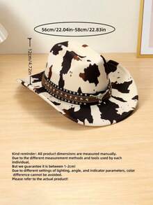 ROMWE Grunge Punk 1pc Unisex Polyester Cow Print Cowboy Hat - Leather Rivet Bull Head Decoration, Perfect For Horseback Riding, Outdoor Travel, Cowboy Parties And Daily Wear - Multicolor - View 2
