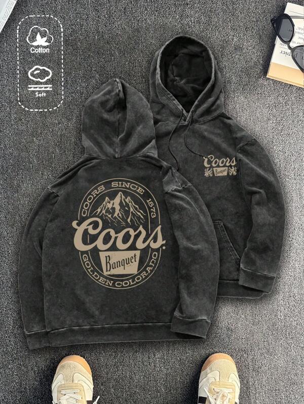 Sudadera de forro polar con estampado de "Montaña del amanecer" lavado vintage "Vuelta al colegio" para hombre, otoño/invierno