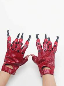 1 双深色尖刺仿鳄鱼 PU 皮革万圣节个性化服装龙爪狼人锋利手套，亮面外观，男女通用，节日派对舞台服装角色扮演红龙/狼人手套 - 彩色 - 查看 10