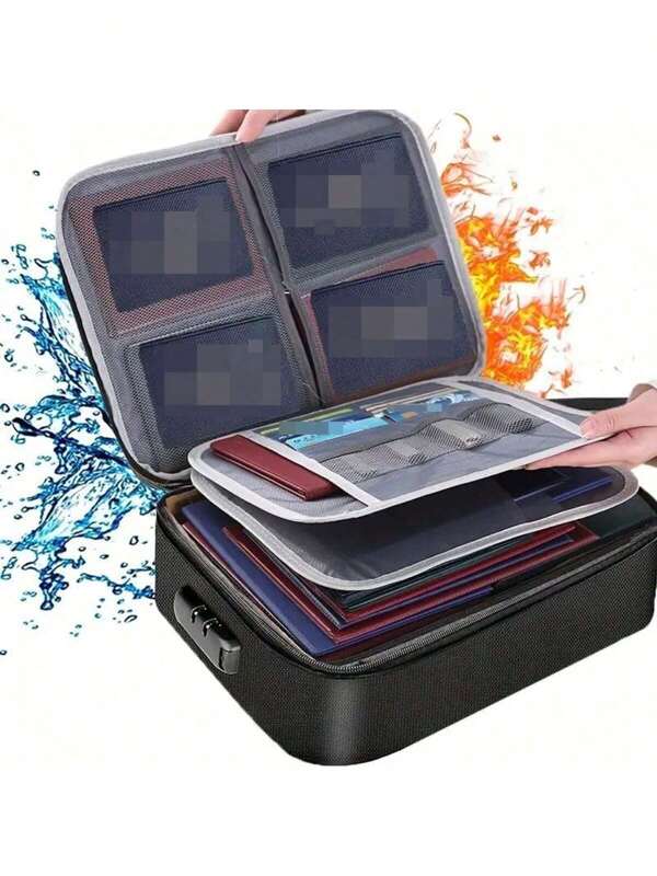 1pc Black Multi-Layer Large Capacity Document Organizer Bag, 2/3 Layers File Storage Box With Lock, Waterproof Zipper, Portable Travel & Home Storage Bag For Laptop, Documents, Certificates