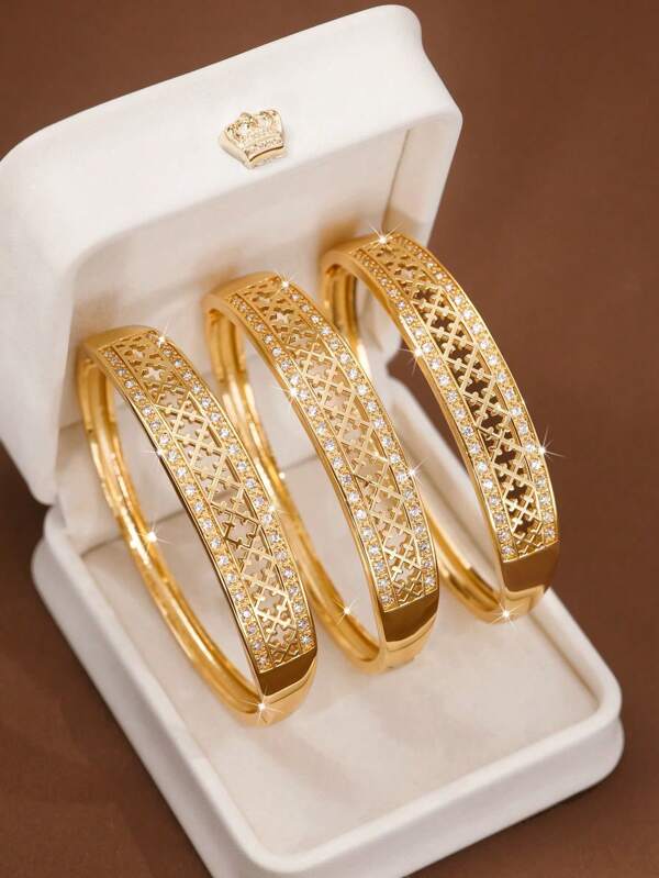 1/2/3 قطعة أساور كلاسيكية مزينة بزركونيا مكعبة ذات صفين، قطر 60 مم قابلة للفتح، مناسبة للارتداء اليومي للنساء، بدون علبة