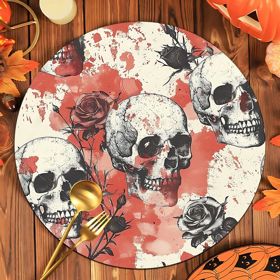 2pcs/4pcs/6pcs Halloween Skull Pattern Printed Silicone Placemats, Halloween Decor, Suitable For Dining Table, Coffee Bar, All Season Decoration, Washable Placemats, Room Decor, Coasters, Draining Mats, Kitchen Dining Table Mats, Indoor Outdoor Party Decor, Home Decor, Ideal Gift