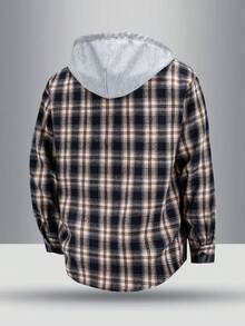 Men's Casual Loose Fit Checkered Hooded Shacket With Chest Pocket, Adjustable Drawstring, Versatile For Spring Autumn - Navy Blue - View 8