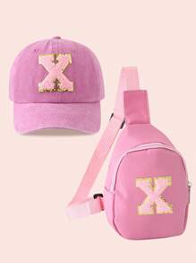 2pcs/Set Girls Pink Letter Graphic Baseball Cap And Bag, Boys Breathable Casual Outfit Suitable For Daily Wear And Outdoor Activities