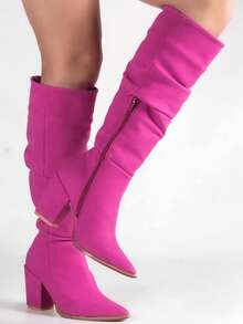 Nuevas botas altas de montar de tacón grueso con punta puntiaguda y cremallera lateral, versátiles para mujer, de moda europea y americana, para otoño/invierno colores únicos  Cowboy    Cremallera lateral    comodas  primavera,verano,otoño - Rosa Fucsia - Ver 5